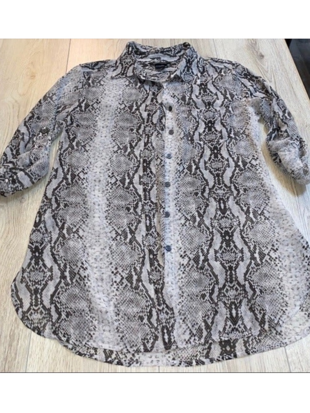 Moda International Snake-Print Tunic Gray Black button up shirt button down top